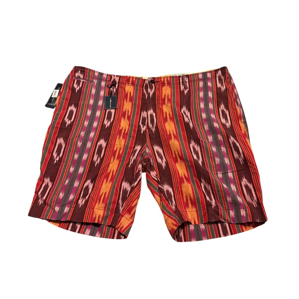 Polo Ralph Lauren Mens Ikat Tribal Striped Drill Khaki Shorts Red Orange 42 NEW